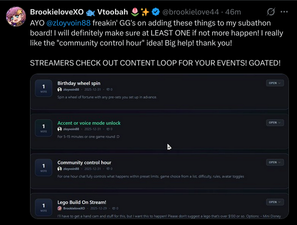 Streamer BrookieloveXO praising ContentLoop on X